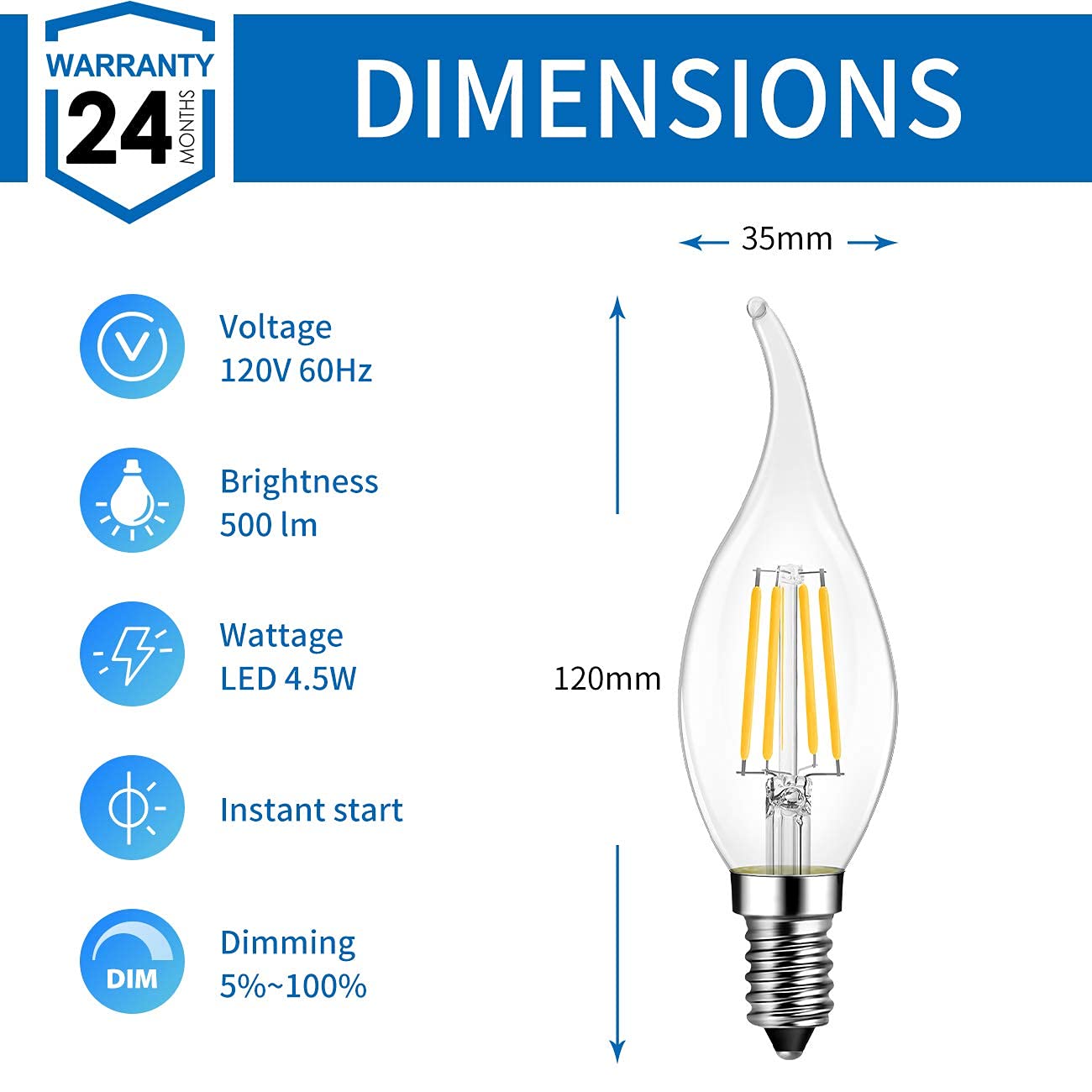 ANWIO Flame Tip LED Filament Bulb Candelabra E12 Base, Dimmable 4.5W (60W Equivalent) B11 Chandelier Candle Light Bulb, 2700K Warm White 6-Pack