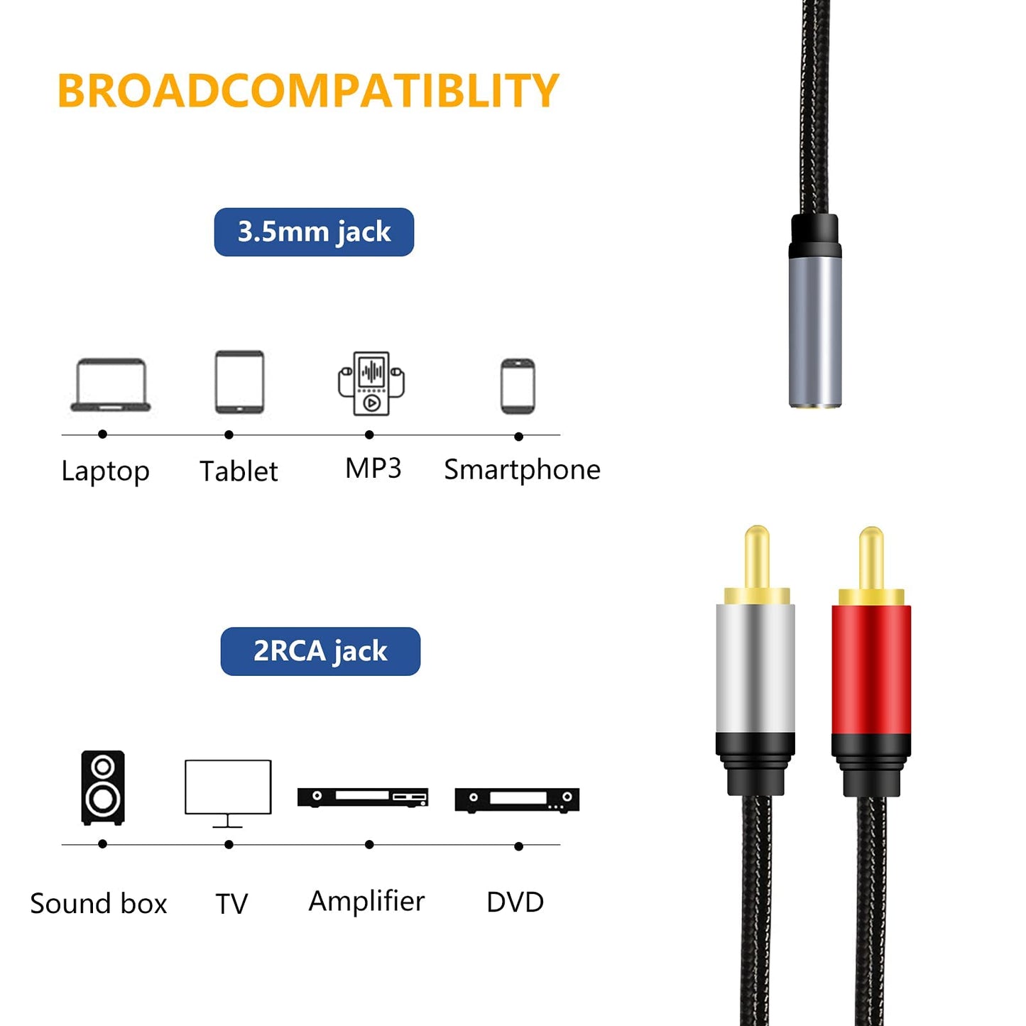 belipro 3.5mm Female to 2RCA Audio Cable 16Ft, 1/8" TRS Stereo to Dual RCA Jack Adapter for Smartphones, MP3, Tablets, Home Theater…………
