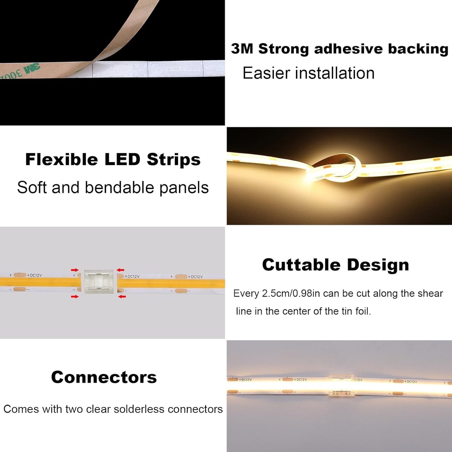 TOPAI Black 12V COB LED Strip 6000K Cool White IP65 Waterproof Dotless 480LED/M 16.4ft/5M Bright 4000Lm CRI>90 Cuttable Flexible LED Tape for Home