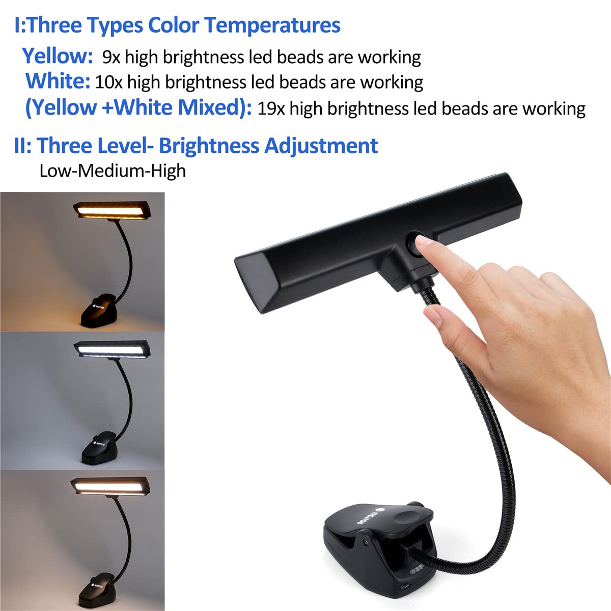 Rechargeable Music Stand Light, 19 LEDs Clip On Reading Light - 3 Level Brightness Settings, 3 Color Temperature Optional (Warm/Cool White/Natural