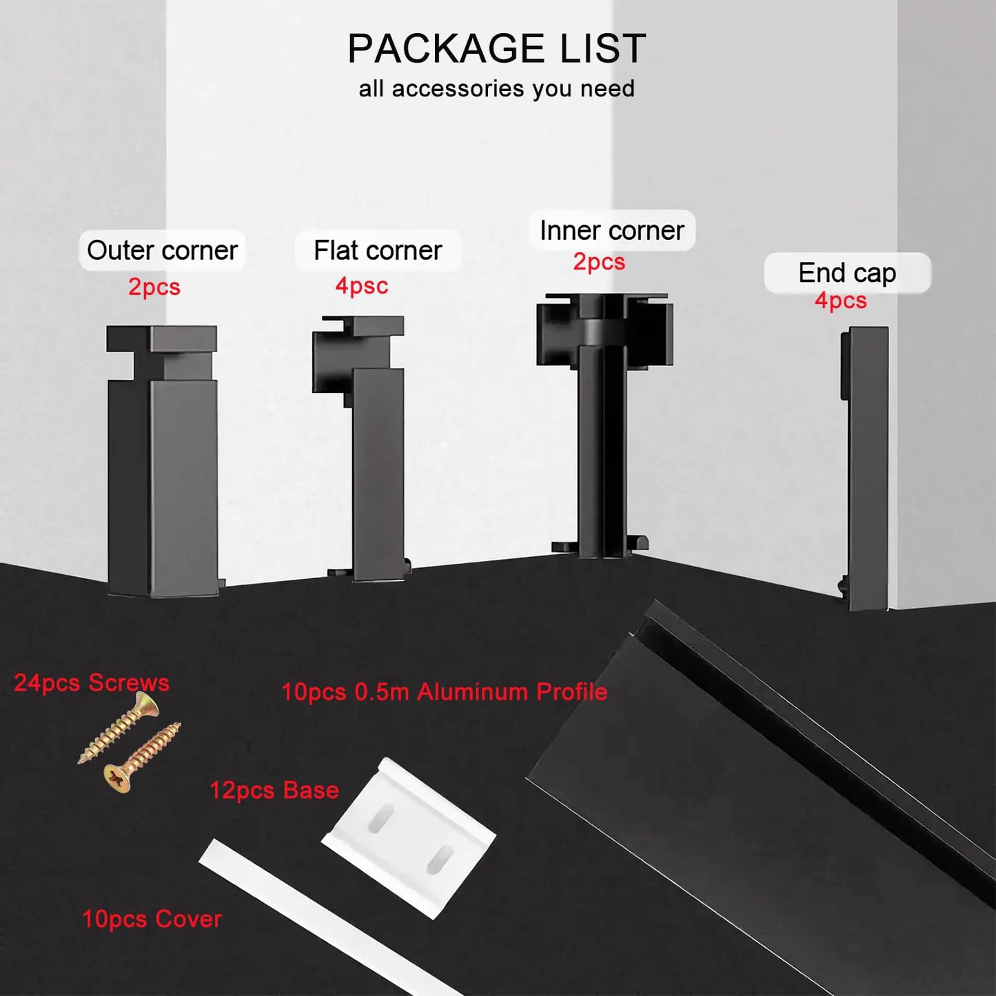JARBIH 10Pack 1.64ft/50cm Aluminum Skirting Baseboard, 78x12mm Skirting Line LED Channel System, Hard Bar Strip Light Suface Mounted Metal Wall