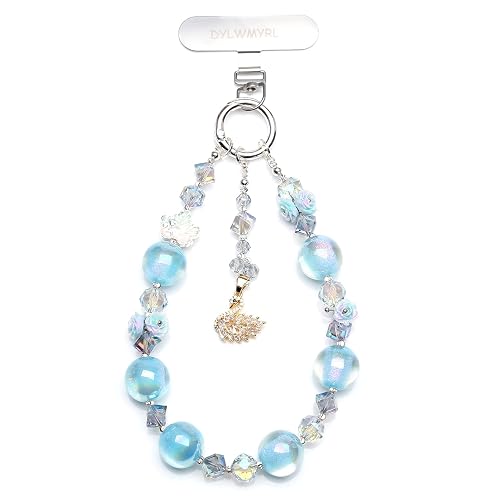 DYLWMYRL phone charm, Blue Bling Beaded Wrist Strap, Anti-Lost Detachable Cell Phone Lanyard for Women, Daily Commute & Travel
