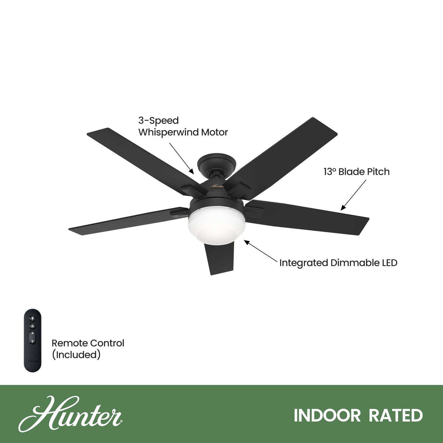 Hunter Fan 52 inch Matte Black Indoor Ceiling Fan with LED Light and Remote Control for Bedroom, Living Room, Office, Basement, Kitchen, Dining Room