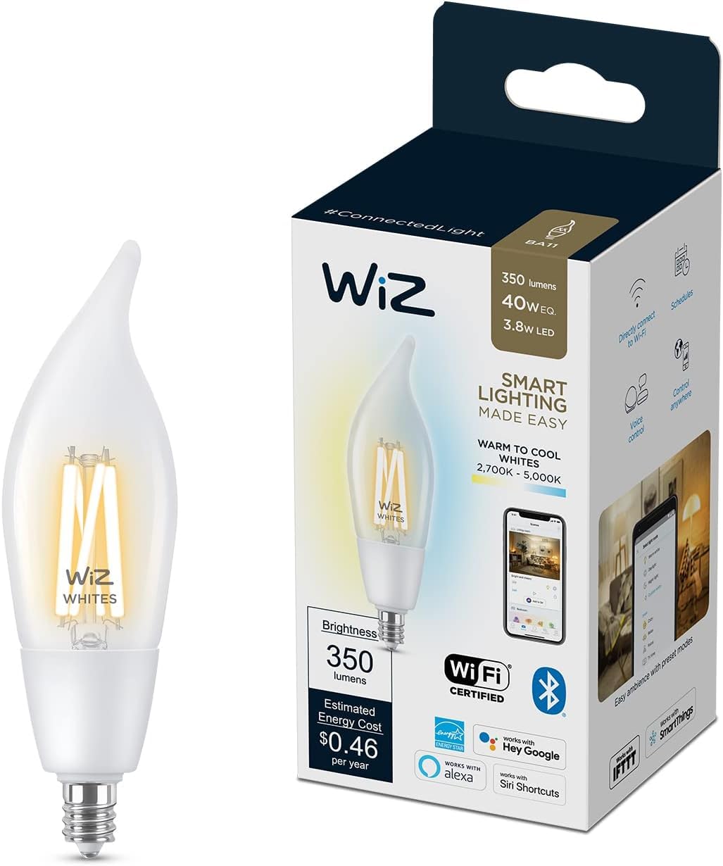 WiZ Clear 40W BA11 Tunable White Filament LED Smart Candle-Shaped Bulb - Pack of 1 - E12- Indoor - Connects to Your Existing Wi-Fi - Control