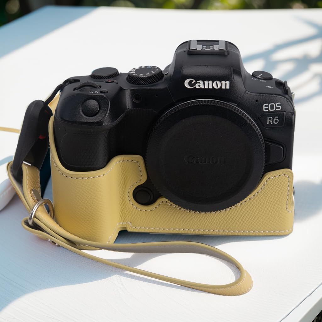 for Canon EOS R6/R6II Camera Case,Handmade Genuine Real Leather Half Camera Case Bag Cover for Canon EOS R6/R6II Camera Bottom Opening Version + Hand