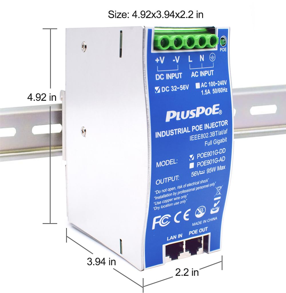 Industrial Gigabit PoE++ Injector, IEEE 802.3BT/at/af Compliant, PoE (15.4W), PoE+ (30W), or PoE++(90W), Battery-Powered DC PoE Injector, 36V-48V-56V