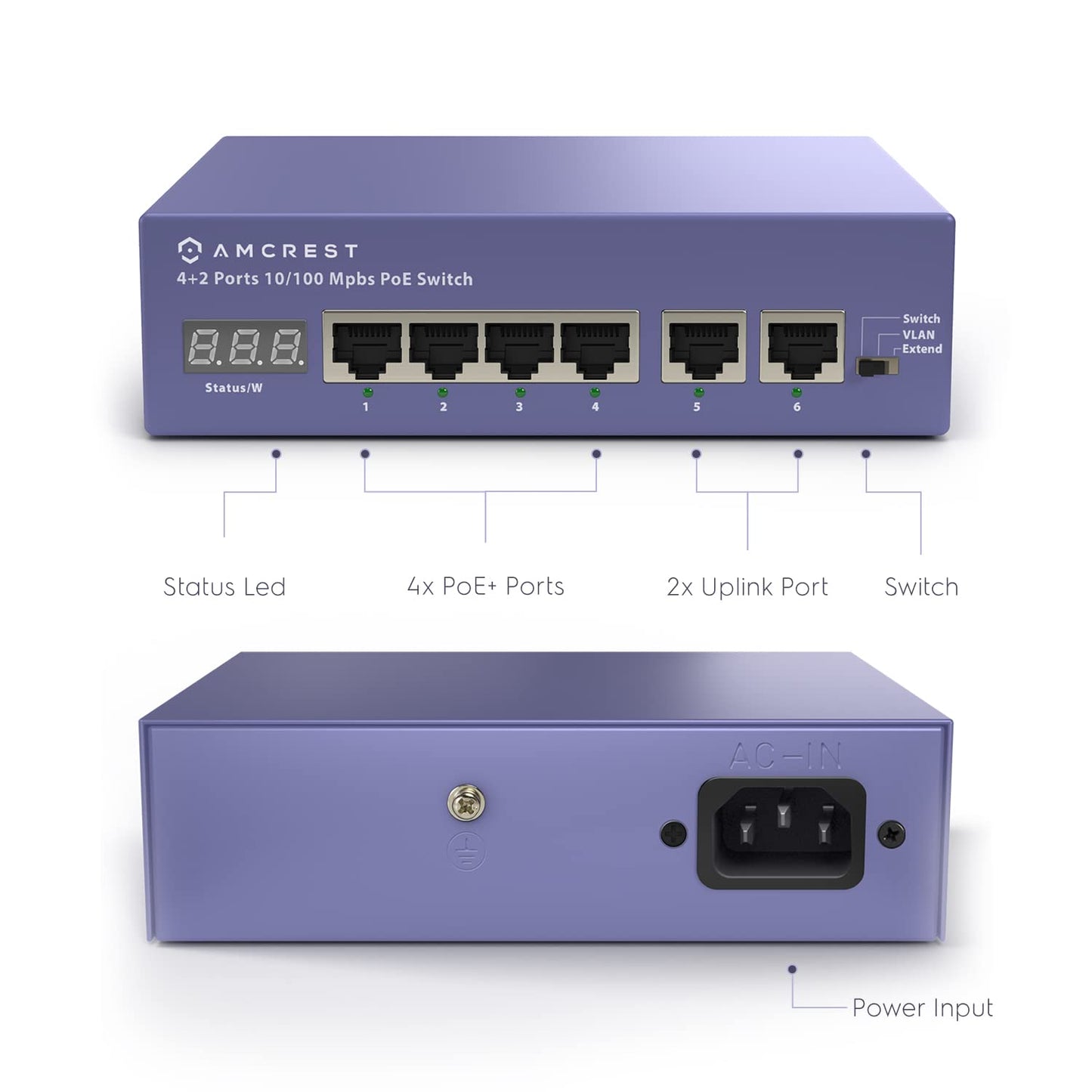 Amcrest 6-Port POE+ Power Over Ethernet Switch with Metal Housing, 4-Ports POE+ 802.3at 65W