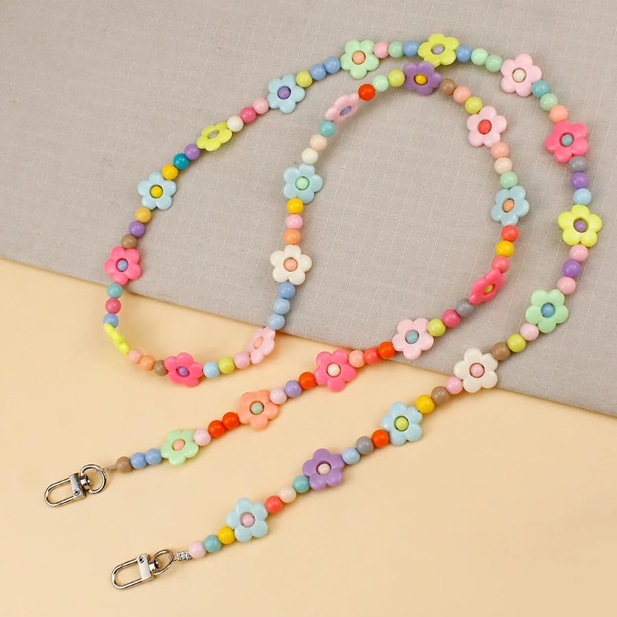 ARFUKA Colorful Flower Acrylic Bead Phone Lanyard Crossbody Anti-Theft Phone Chain Strap, Fits All Phone Cases, Stylish Daily Phone Accessory