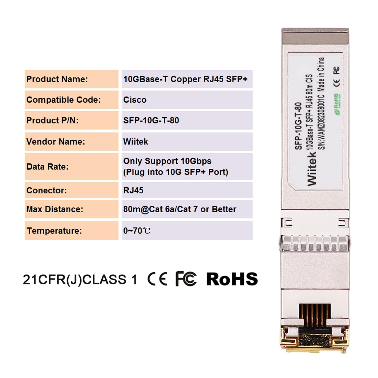 Wiitek 80 Meters, 10Gbps SFP+ to RJ45 Modules, 2.5G/5G/10GBase-T Ethernet RJ45 to SFP+ Transceiver, Compatible for Cisco SFP-10G-T-X, Ubiquiti