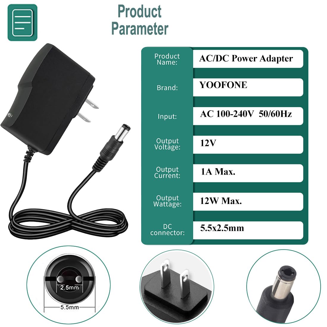 12V 1A Power Supply Adapter 100-240V 50-60Hz AC to DC Converter 12 Volts 1 Amp 0.5A Switching Power Supply Adapter with 5.5x2.5mm Plug DC 12V Power…