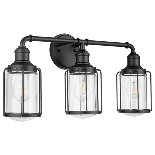 Prominence Home Lincoln Woods 3 Light Matte Black Industrial Bathroom Vanity Light with Cage and Clear Glass - 51545-01