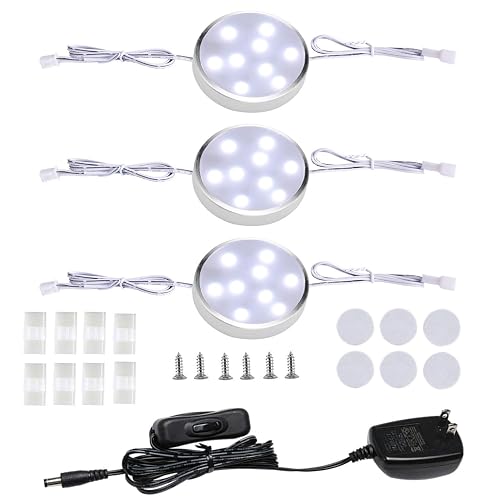 LED Under Counter Lighting Fixture,3 Pack Wired Linkable Under Cabinet Lights for Kitchen,Plug in Puck Lights with Manual Switch for Wardrobe Closet