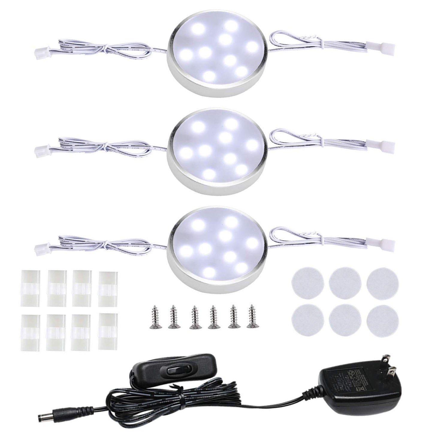 LED Under Counter Lighting Fixture,3 Pack Wired Linkable Under Cabinet Lights for Kitchen,Plug in Puck Lights with Manual Switch for Wardrobe Closet