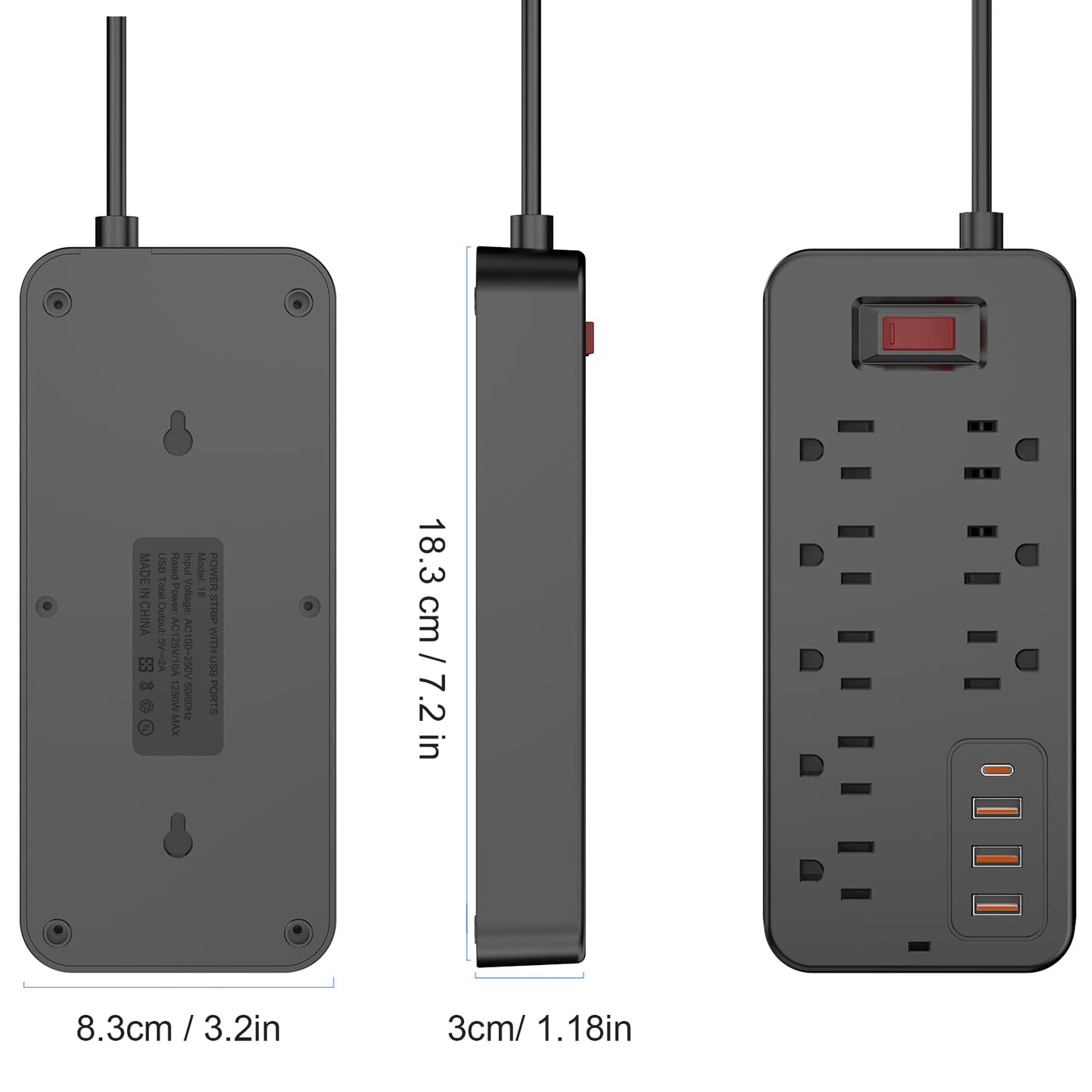 Extension Cord Surge Protector Power Strip - Flat Plug Braided Power Bar with 8 Widely Outlets and 4 USB Ports(1 USB C), Multi Plug Wall Mount Desk