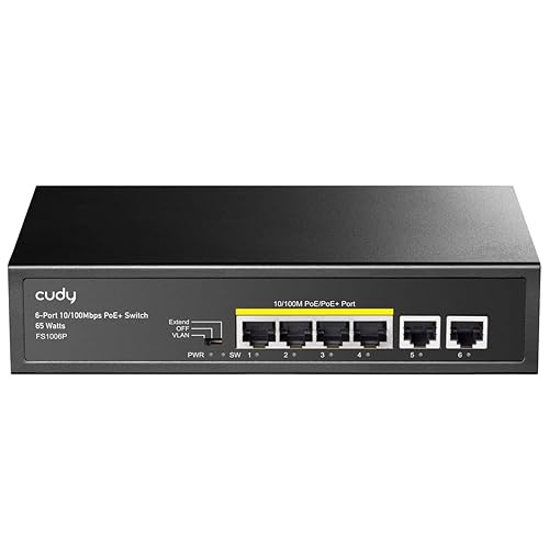 Cudy FS1006P 6-Port 10/100M PoE Switch 60W, 4 PoE Ports, CCTV Mode (Transmit Distance to 250m at 10Mbps), PD Detection,Fan-Less, Steel Case, Desktop