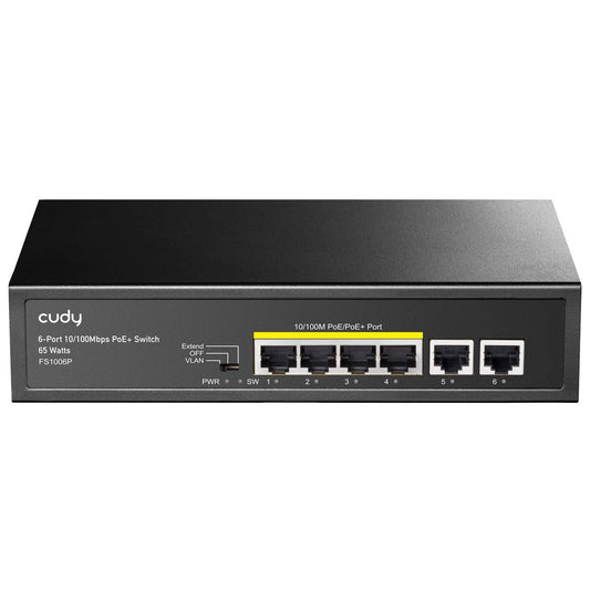 Cudy FS1006P 6-Port 10/100M PoE Switch 60W, 4 PoE Ports, CCTV Mode (Transmit Distance to 250m at 10Mbps), PD Detection,Fan-Less, Steel Case, Desktop