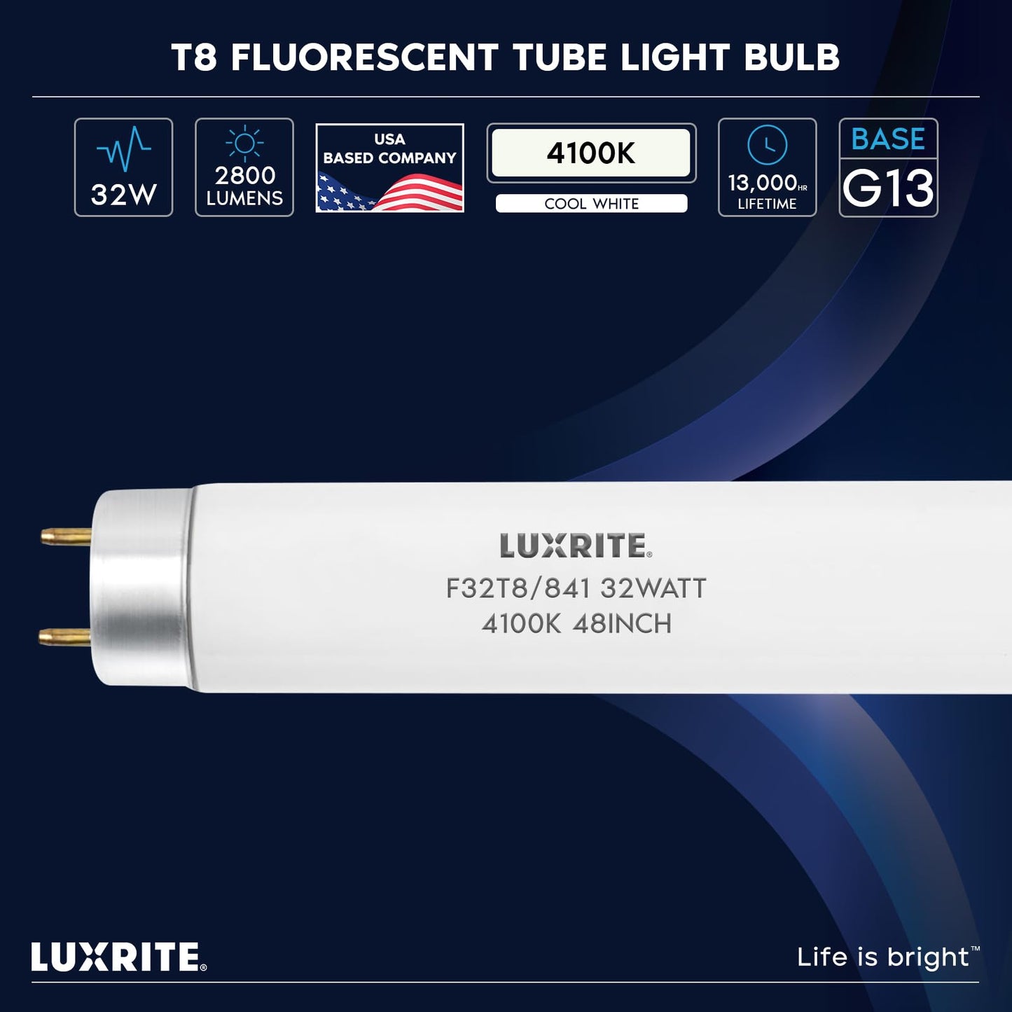Luxrite F32T8/841 32W 48 Inch T8 Fluorescent Tube Light Bulb, 4100K Cool White, 2800 Lumens, G13 Medium Bi-Pin Base, LR20732, 6 count (Pack of 1)