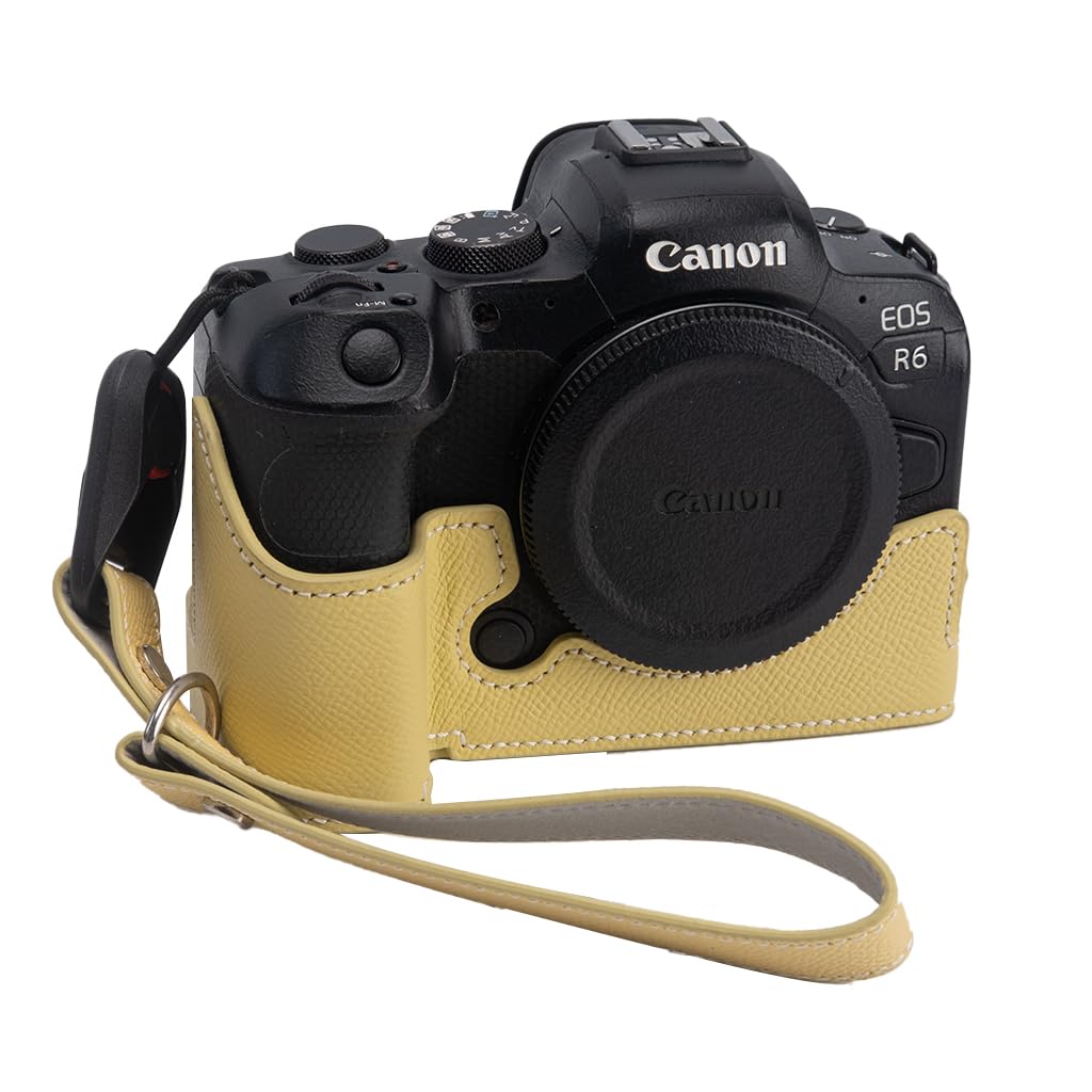 for Canon EOS R6/R6II Camera Case,Handmade Genuine Real Leather Half Camera Case Bag Cover for Canon EOS R6/R6II Camera Bottom Opening Version + Hand