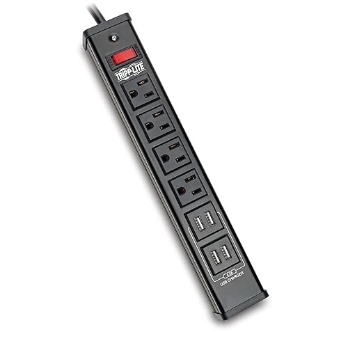 Tripp Lite 4 Outlet Surge Protector Power Strip, 6ft Cord, 450 Joules, 4 USB Charging Ports, Led, 10K Insurance (TLM446USBB), 14.25in. X 4.75in. X