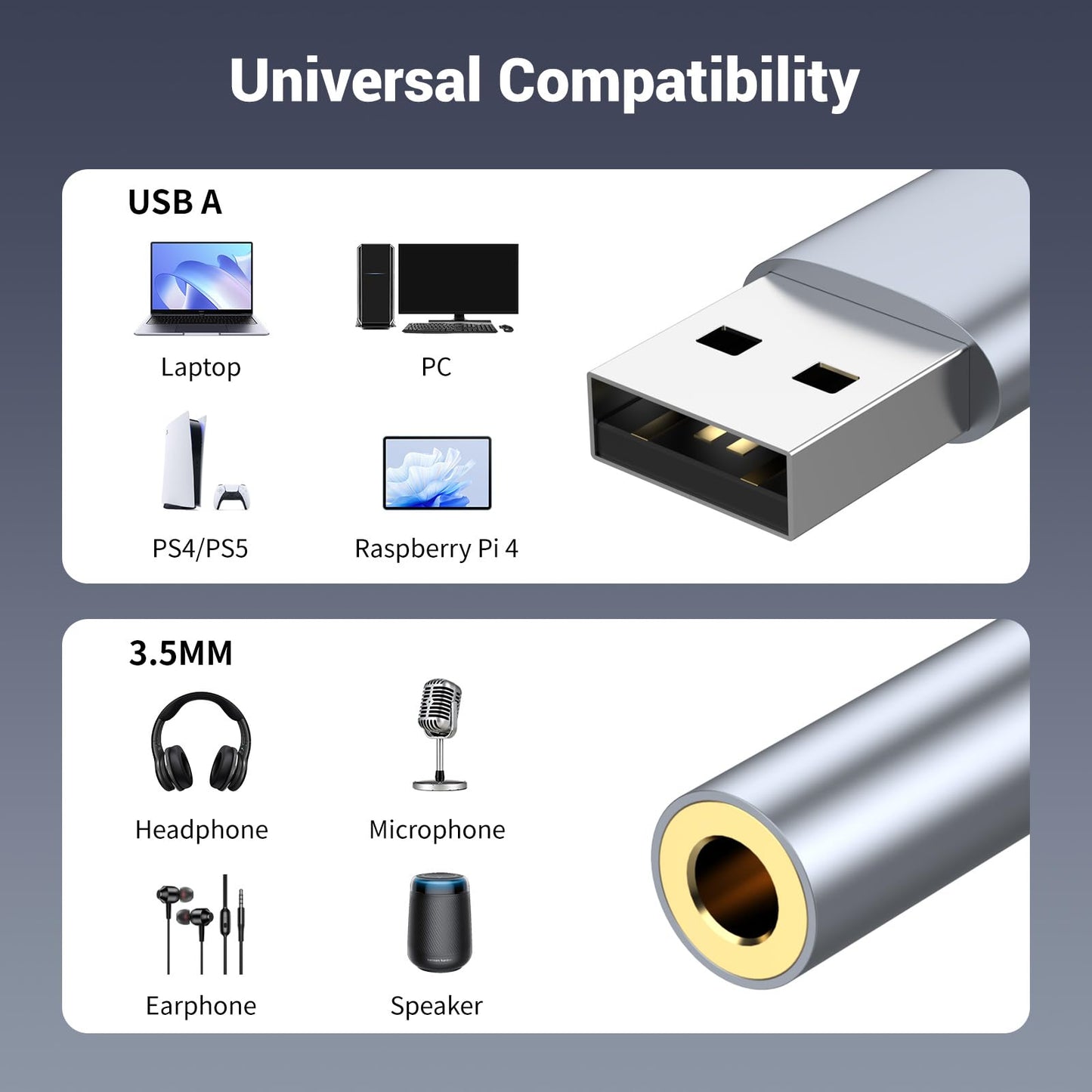 2Pack USB to 3.5mm Jack Audio Adapter, USB to Audio Aux Cable External Stereo Sound Card, USB-A to 3.5mm TRRS Female Headset