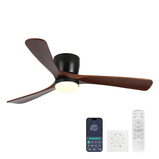 Wanze of ocean Ceiling Fans with Lights and Remote Control, 42 Inch Solid Wood Blade, Low Profile Flush Mount, LED Dimmable DC Reversible Modern