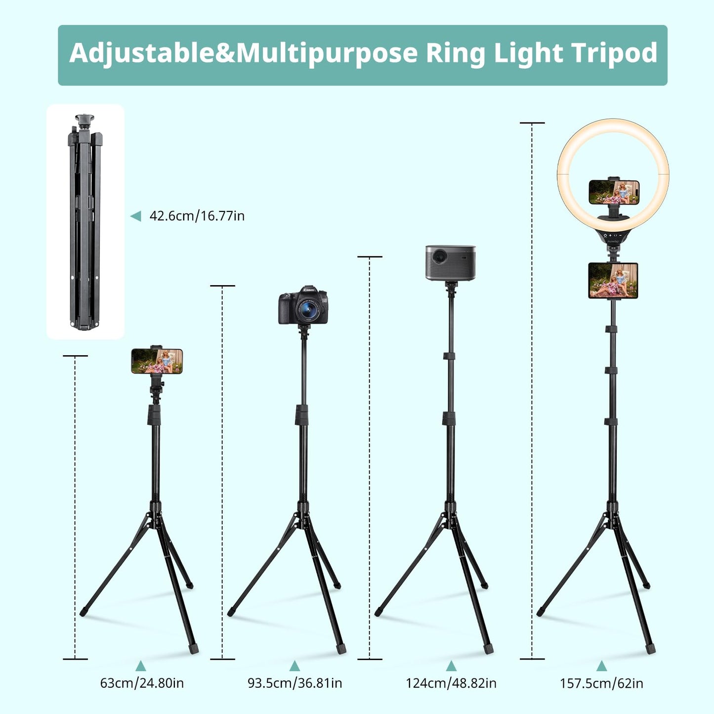 Aureday 14inch iPad Ring Light with Tripod Stand, 62inch Selfie Tripod Light Ring with Phone&Tablet Holder for Recording, 20W LED Circle Light