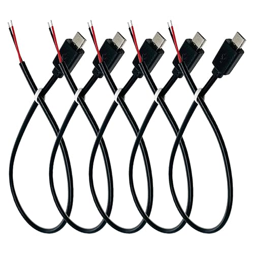 Jienk 5Pcs 1Ft 30cm 22AWG Micro USB Male 2Pin Pigtail Cable, 3A 5V USB Micro-B 2 Core Bare Wire Open End Extension Cable for DIY Repair Cable, Black