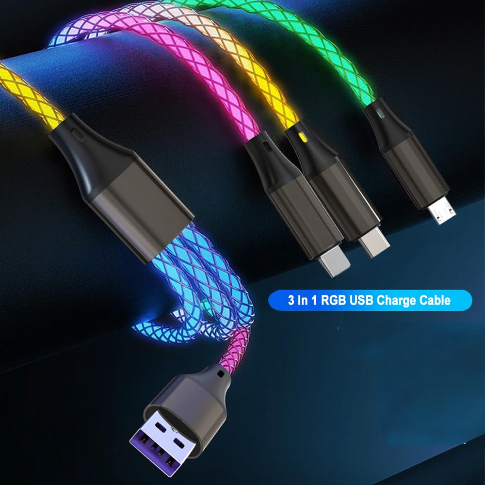 AYI 3 Combinations Multi Ports Charger Cable USB A to USBC Micro PD Fast Charging Cord Lighted Up Current Flowing Compatible with Almost of Electrical