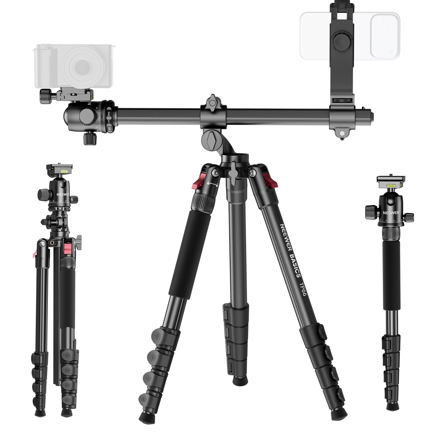 NEEWER Basics 64.5" Horizontal Overhead Tripod Monopod for Dual Camera Aluminum Travel DSLR Camcorder Stand with Cell Phone Holder Compatible