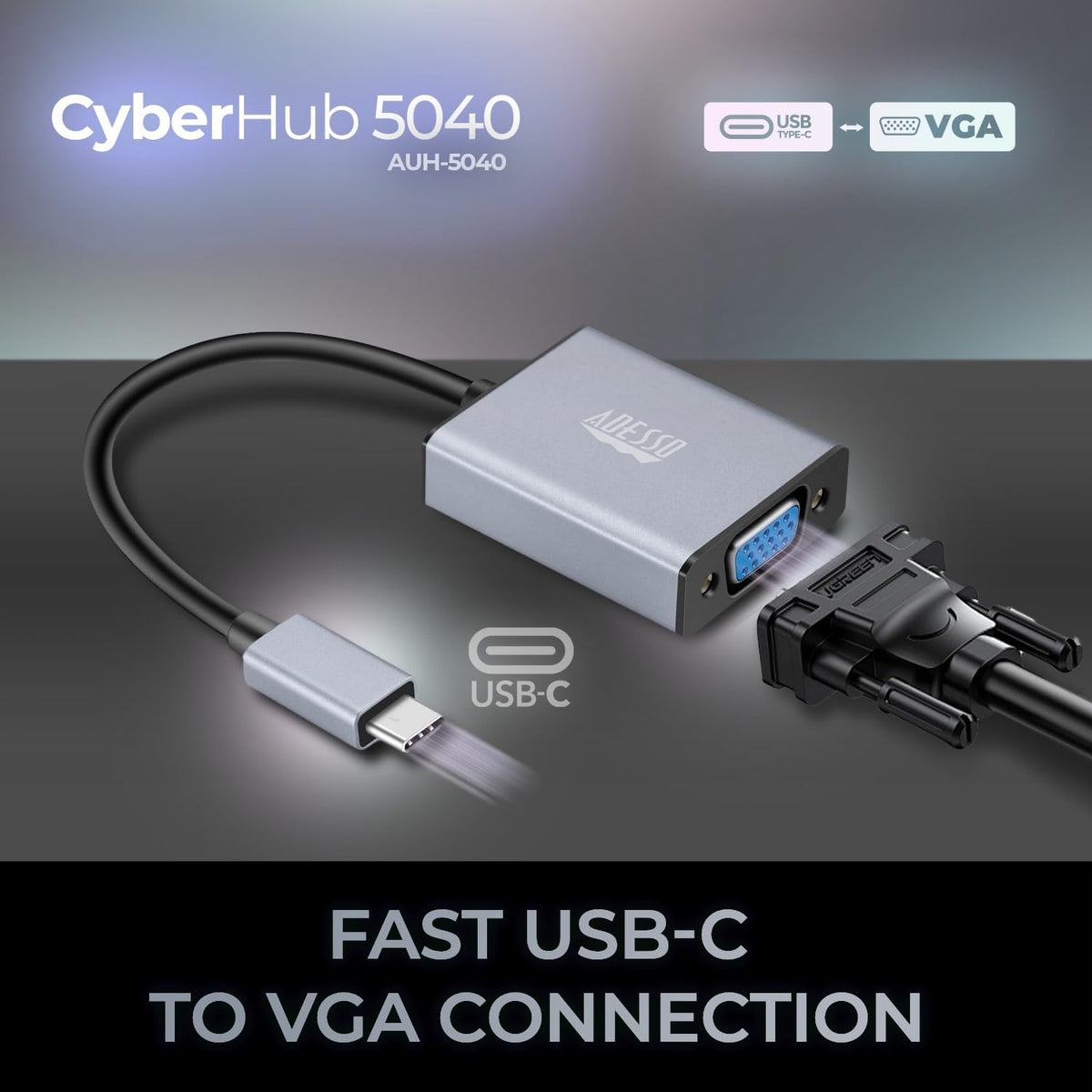 Adesso USB C to VGA Adapter, Aluminum, Thunderbolt 3/4 to VGA Adapter Compatible with iPhone 15 Pro/Max, MacBook Pro/Air 2023, iPad Pro, iMac, S23