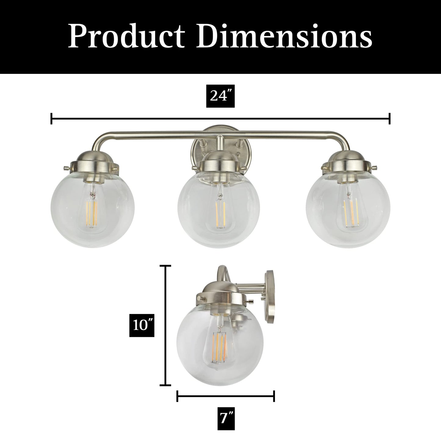 Ultralux Glass Globe 3-Light Bathroom Vanity Light - Wall Mounted, TRIAC Dimmable Bathroom Sconce with 6W 2700K LED Edison Bulbs - Energy Efficient
