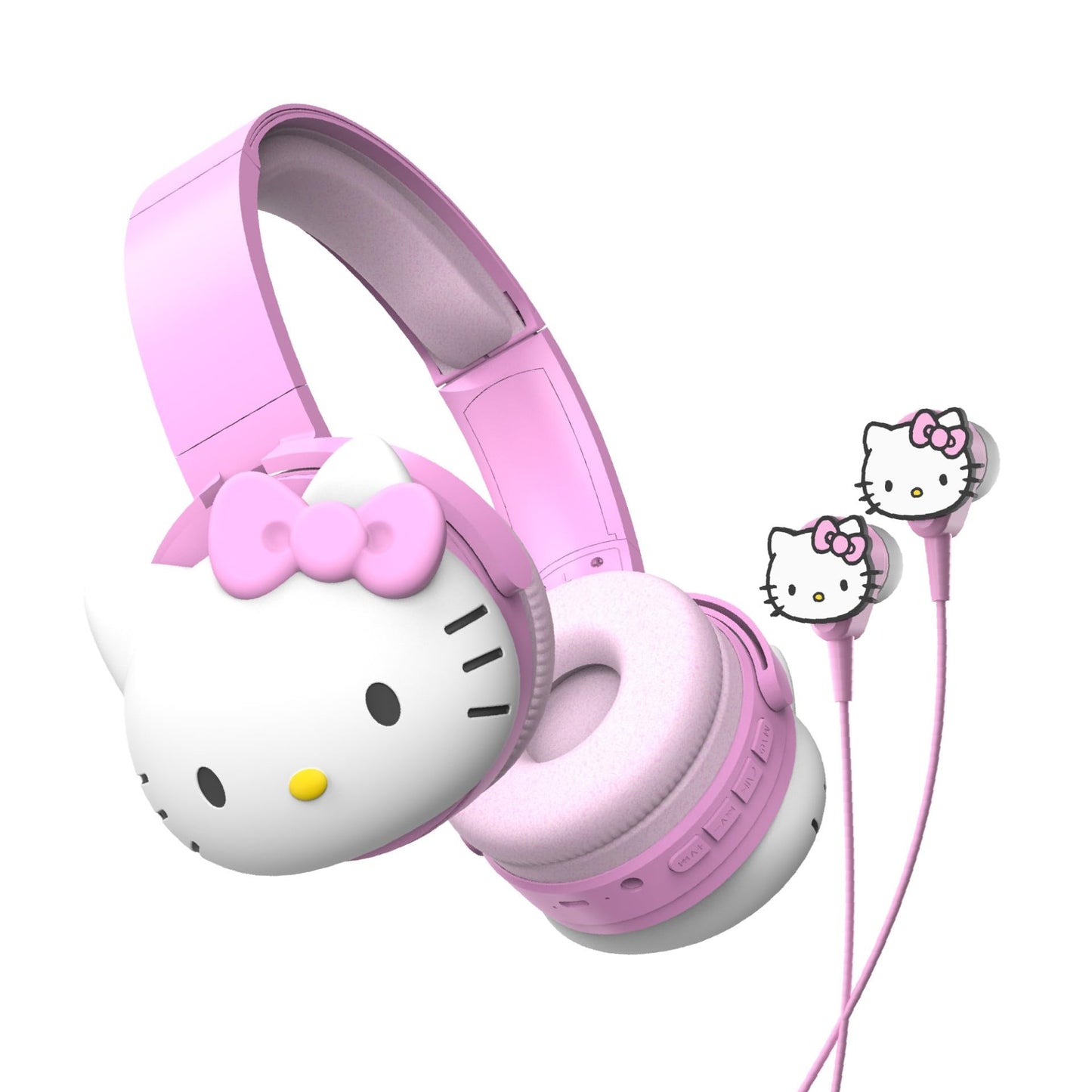 Hello Kitty 2-in-1 Wireless Bluetooth Headphones with Wired Earbuds - Foldable Over-Ear Headset with Built-in Mic, AUX Cable, Adjustable Headband,