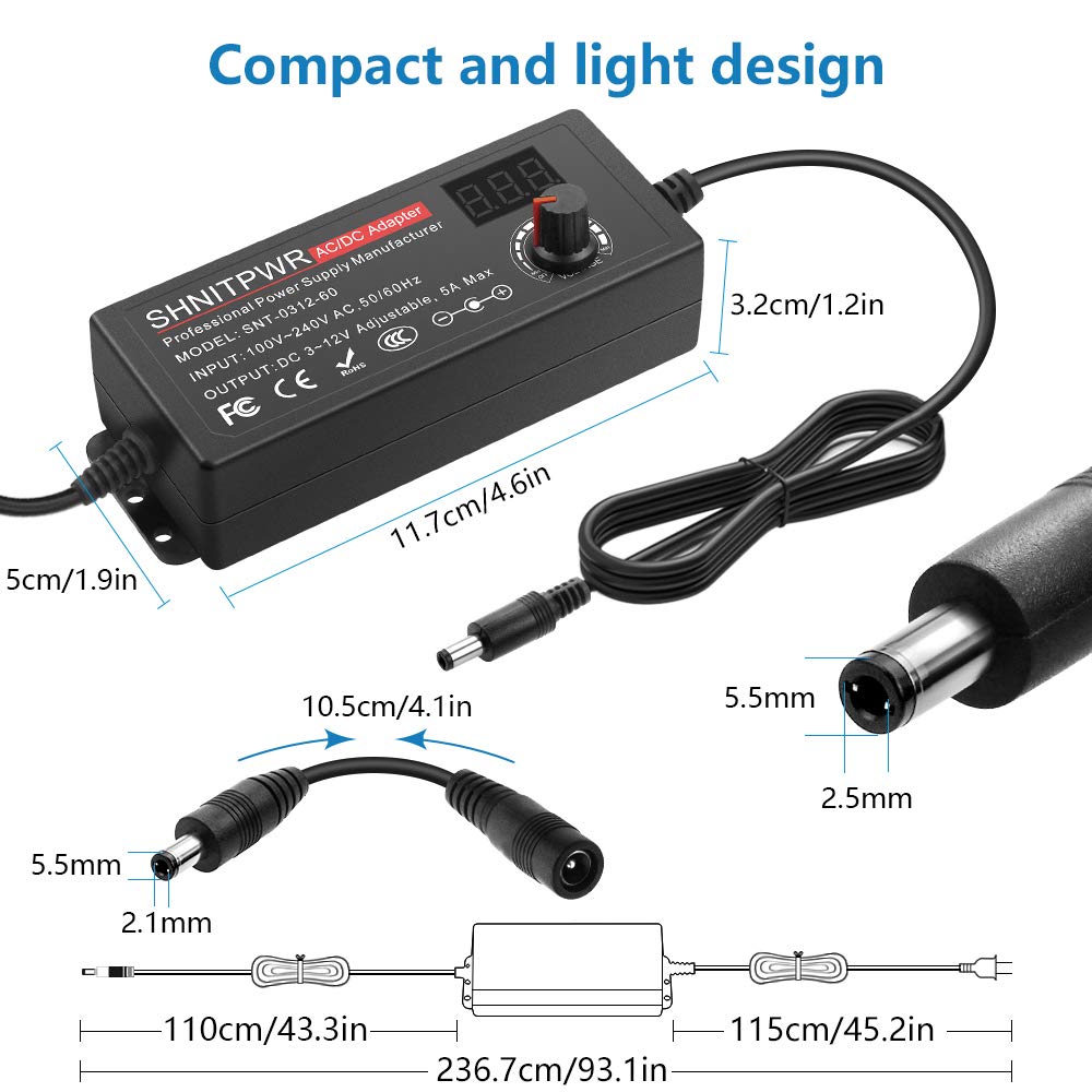 SHNITPWR 60W Universal Power Supply DC 3V 4V 4.5V 5V 6V 7V 7.5V 8V 9V 10V 11V 12V Adjustable Variable Power Adapter 100V-240V AC to DC Converter 1A…