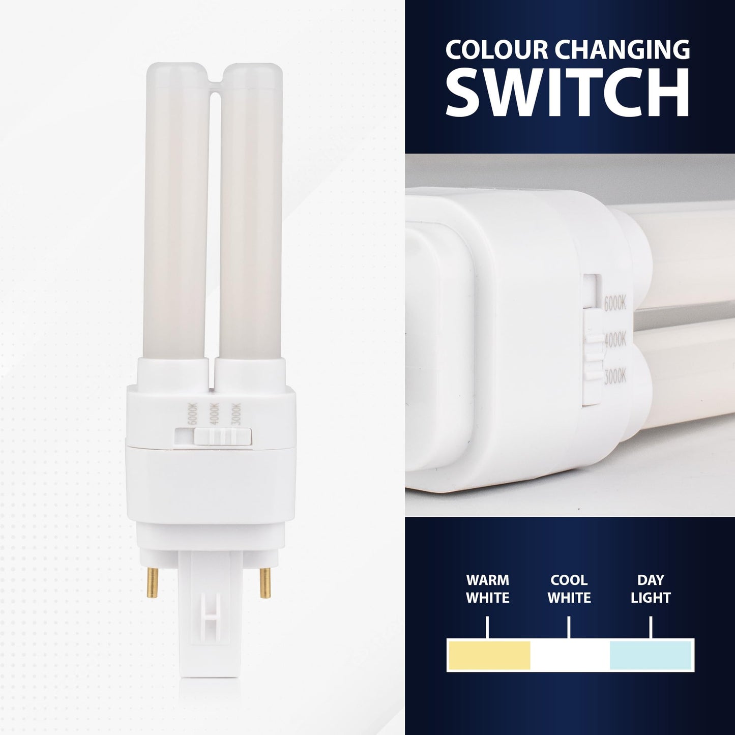 Bright Source LED PL-S Retrofit Compact Bulb, CFL Replacement, G23 2-pin Socket Base, 8W, 960lm, IP44, 3CCT Adjustable Light Colour 3000K 4000K 6000K
