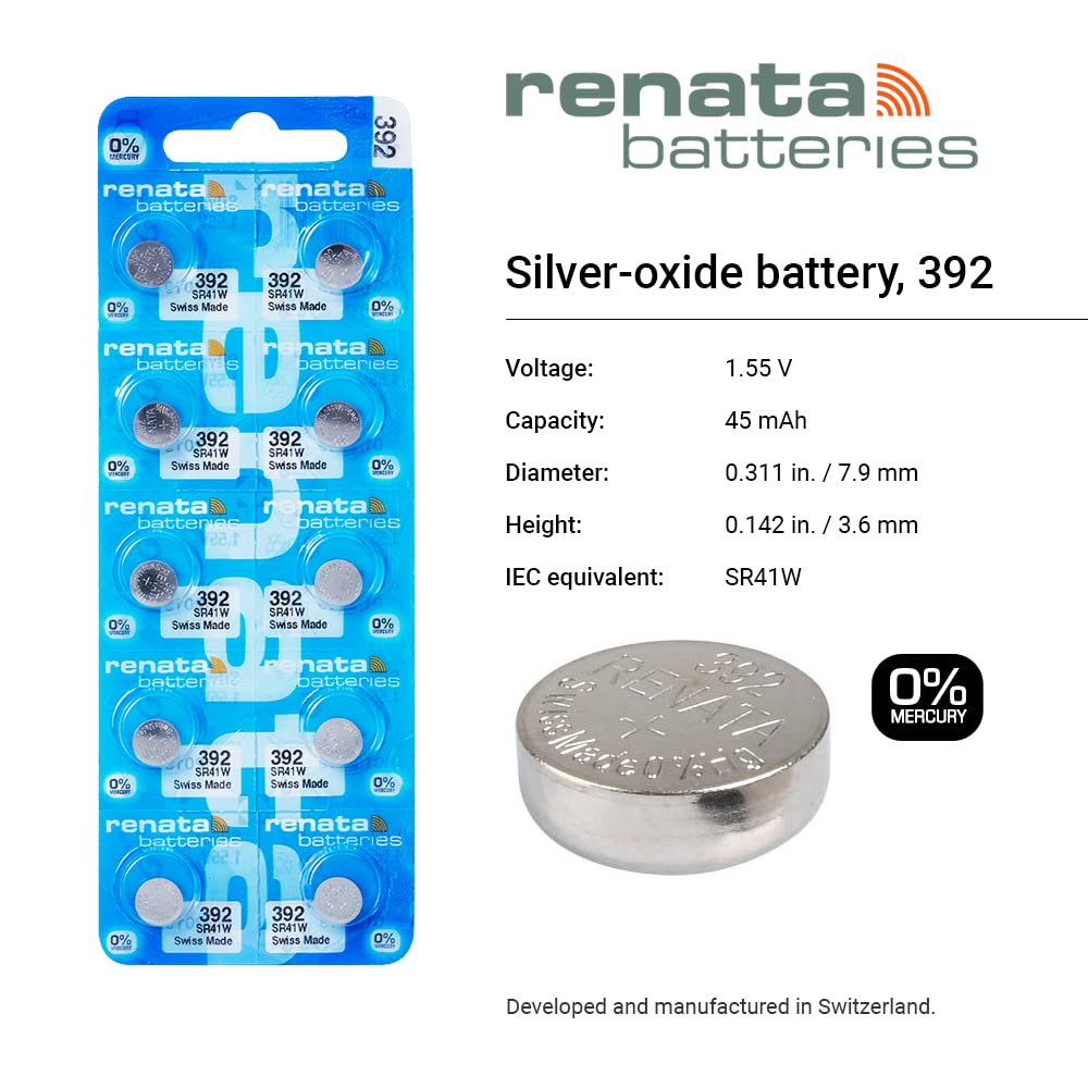 Renata 392 SR41W Batteries - 1.55V Silver Oxide 392 Watch Battery (2 Count)