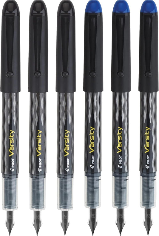 Pilot, Precise Varsity Pre-Filled Fountain Pens, Medium Point 1 mm Stainless Steel Nib, Black/Blue, 6-Pack