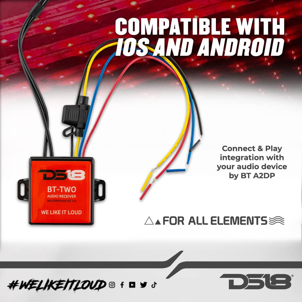 DS18 BT-Two Bluetooth Receiver - IP65 Waterproof Rated, BT 4.0, Remote Trigger Output, Stero Male RCA Output - Allows Connect & Play Integration