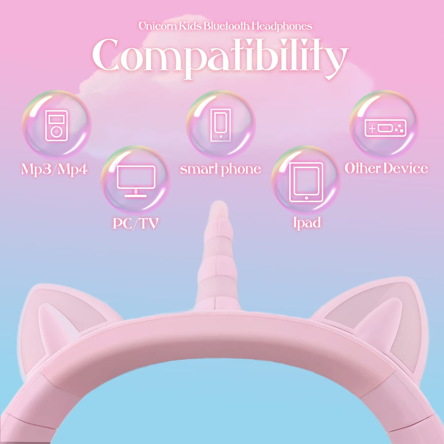 YUSONIC Unicorn Kids Headphones for Girls, Unicorn Bluetooth Headphones Foldable for Girls Toddlers Tablet/pad/Amazon fire,Light Up Kids Wireless…