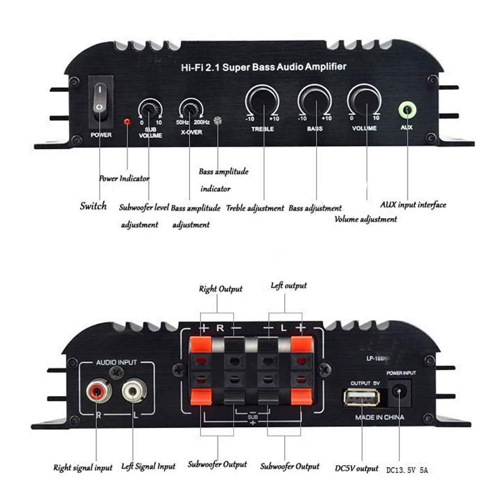Eaglerich LP-168S Digital Stereo Power Amplifier Audio 2.1 Channel 2x40W R/L 68Wx1 Sub Woofer Mini Amplifier RMS Output Super Bass Hi-Fi USB AUX