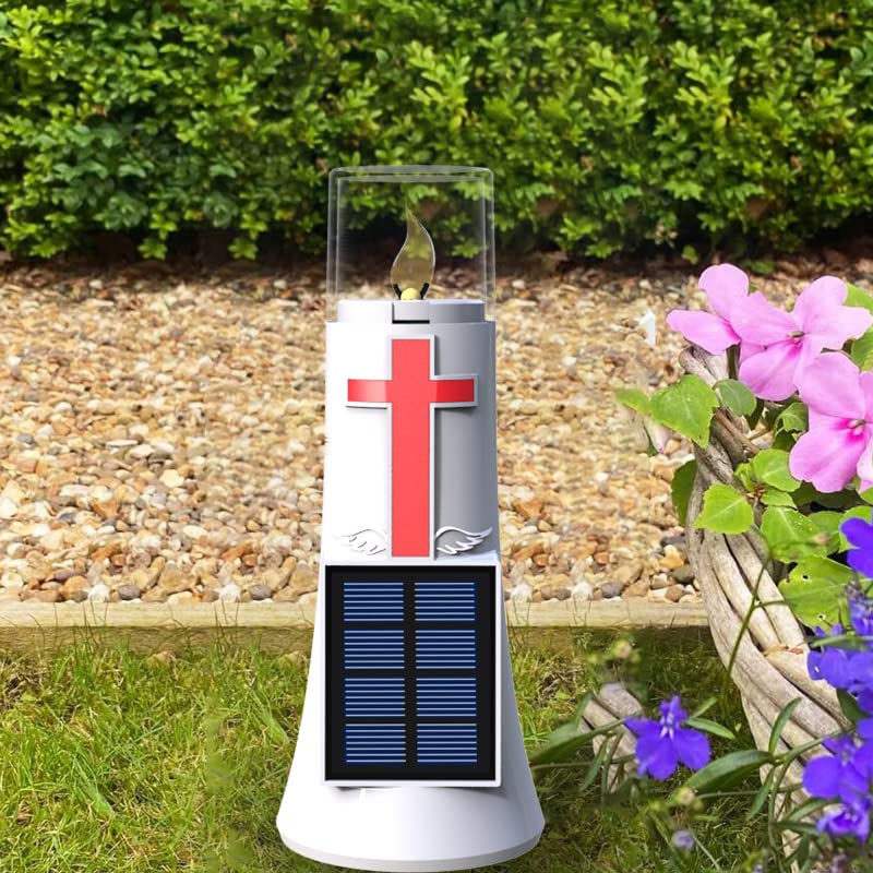 LILONZON Waterproof Outdoor Solar Powered Flameless Candle LED Light Cross Grave Decoration Cemetery Light Blessed Candles for Home Memorial