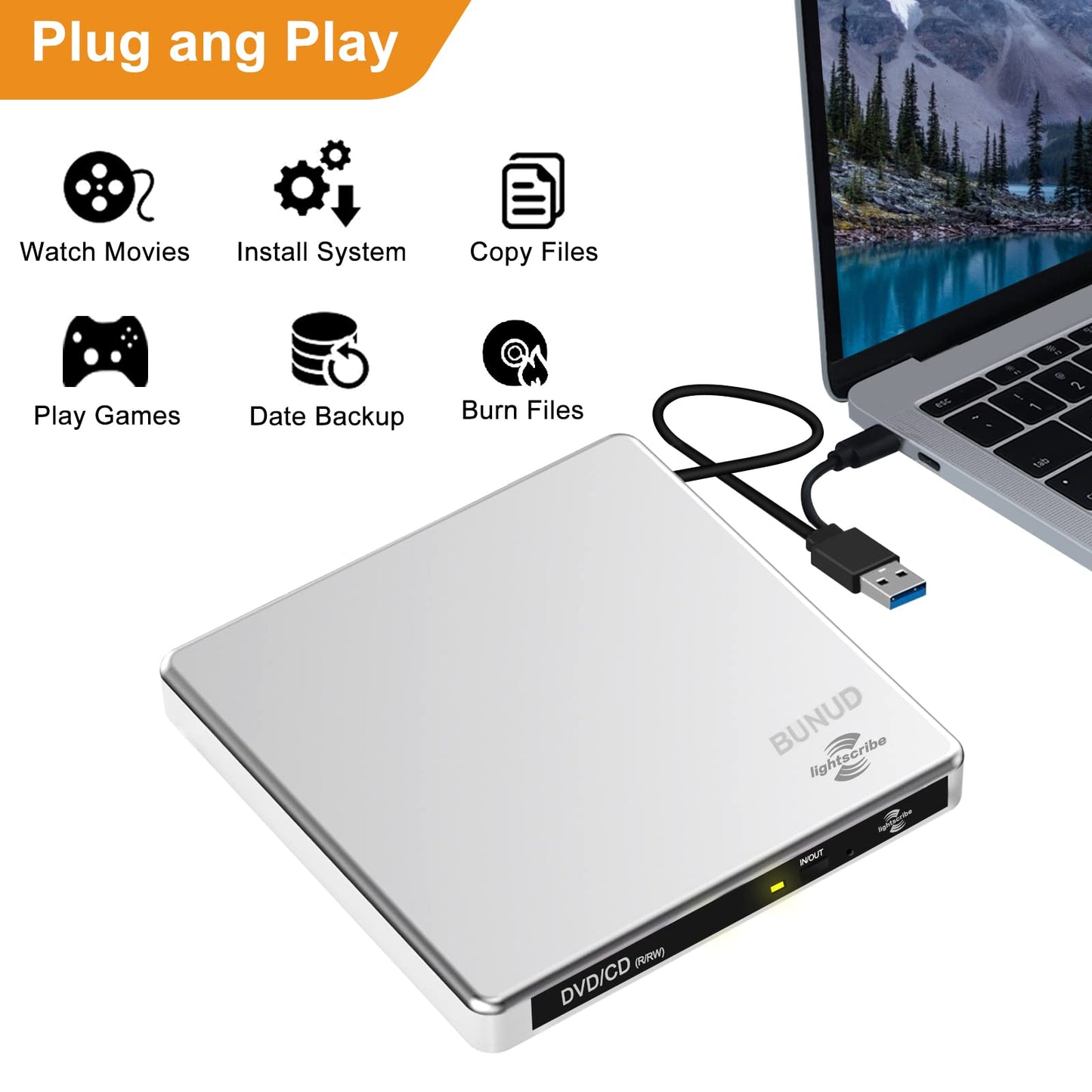 External CD DVD Drive LightScribe CD/DVD +/-RW Burner Player Writer Optical Disk Reader Portable CD DVD Drive for Laptop Mac MacBook PC Windows 11 10