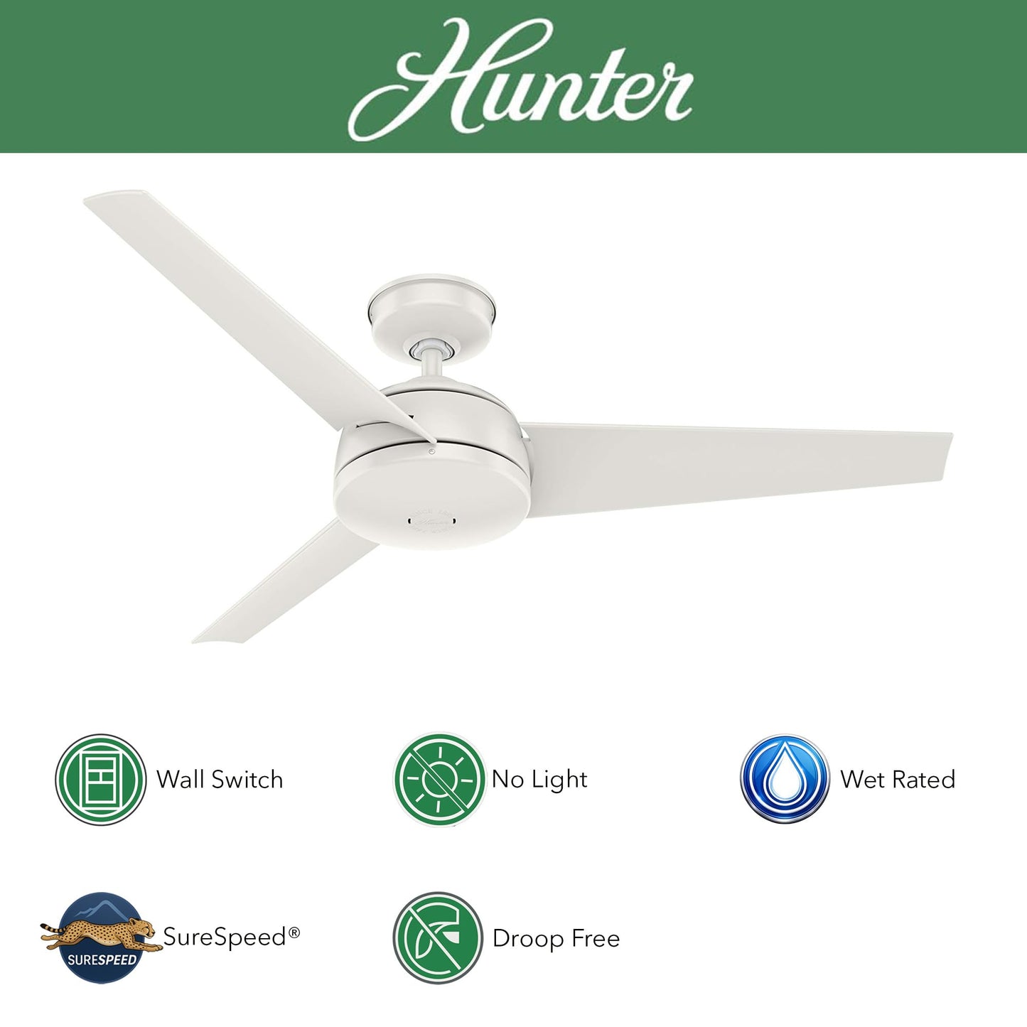 Hunter Fan 52 inch Ceiling Fan with No Light, Outdoor or Indoor White Ceiling Fan for Porch, Living Room, Office, Kitchen, Garage, 3 Blades (Renewed)