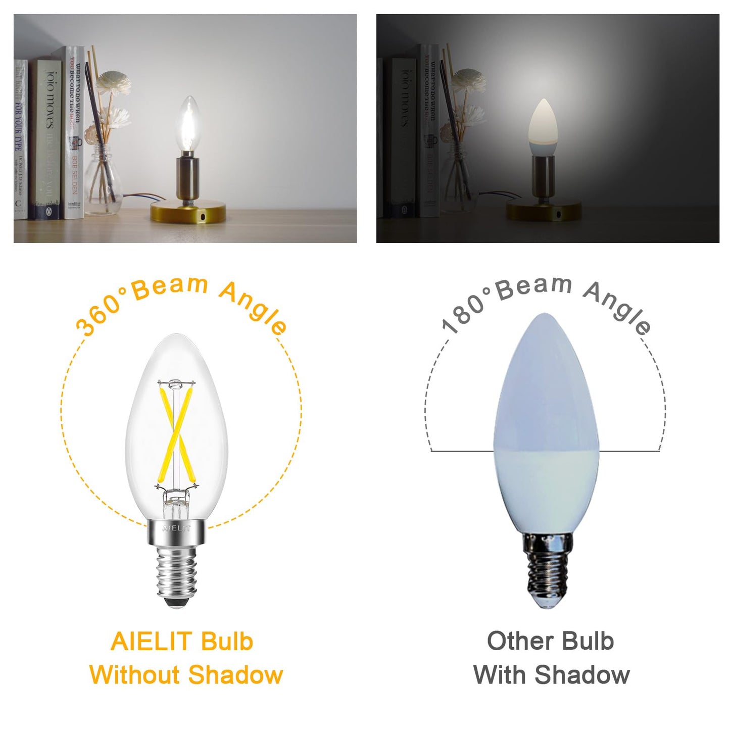 AIELIT B11 E12 LED Candelabra Bulb 25-Watt Equivalent, 5000K Daylight White, 200 Lumens, Dimmable Chandelier Light Bulb, Clear Glass, 2W Candle LED