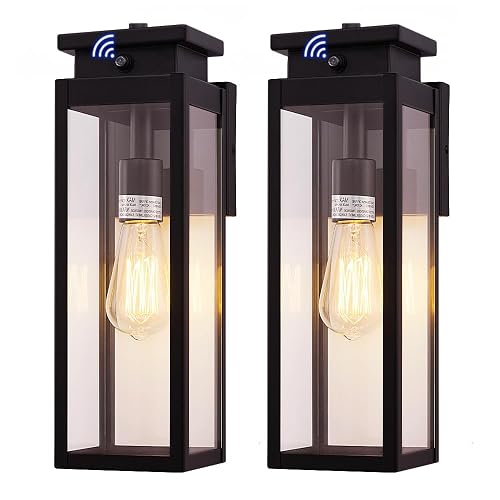 Cerdeco Exterior Dusk to Dawn Sensor Outdoor Wall Light with 4 Side Clear Glass and 15 Inches in Height,Black Porch Sconce Wall Mounted Lighting