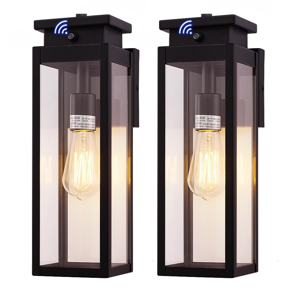 Cerdeco Exterior Dusk to Dawn Sensor Outdoor Wall Light with 4 Side Clear Glass and 15 Inches in Height,Black Porch Sconce Wall Mounted Lighting