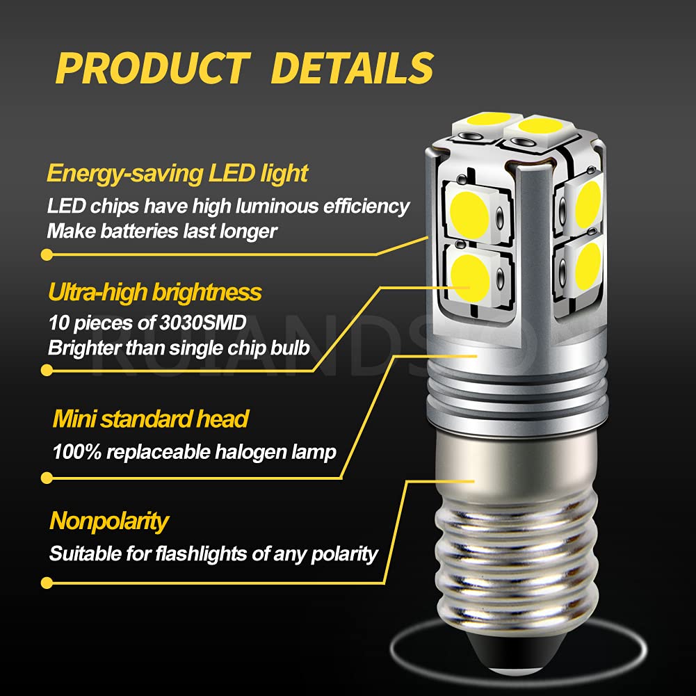 Ruiandsion E10 LED Bulb 6-40V 3030 10SMD Chips White LED Bulb for Headlamps Flashlights Torch Bike Work Light Non-Polarity
