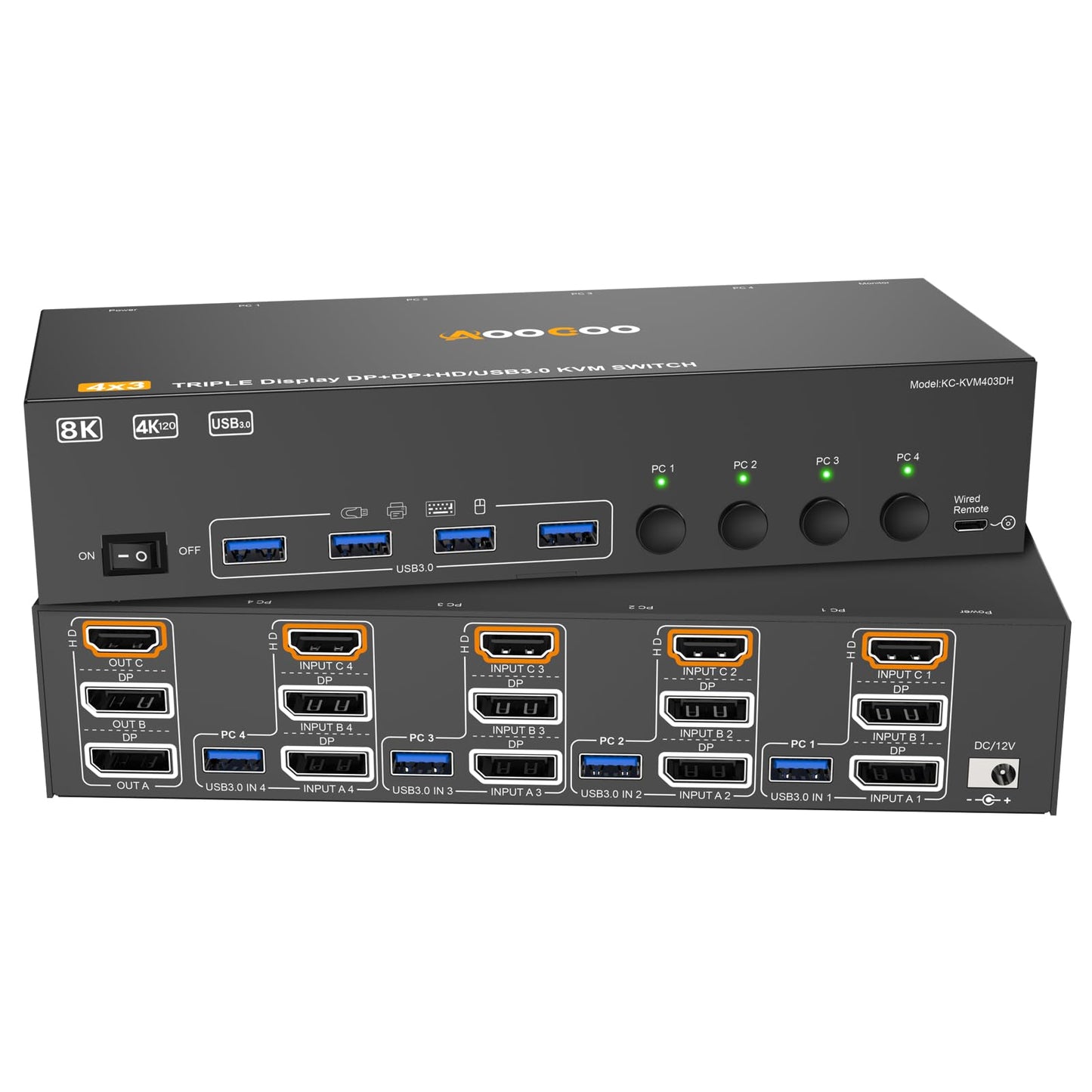 HDMI Displayport KVM Switch 3 Monitor 4 Computer 8K@60Hz/4K@144Hz KVM Switches with 4 USB 3.0 Port,Wired Remote,Power Adapter and 4 USB3.0 Cables