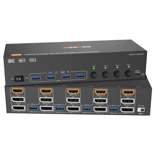 HDMI Displayport KVM Switch 3 Monitor 4 Computer 8K@60Hz/4K@144Hz KVM Switches with 4 USB 3.0 Port,Wired Remote,Power Adapter and 4 USB3.0 Cables