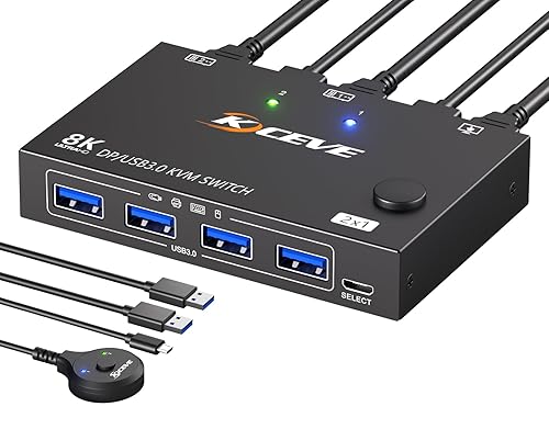 MLEEDA Displayport KVM Switch 1 Monitors 2 Computers 8K@30Hz 4K@144Hz, USB3.0 DP KVM Switches for 2 Computers Sharing Single Monitor and Keyboard