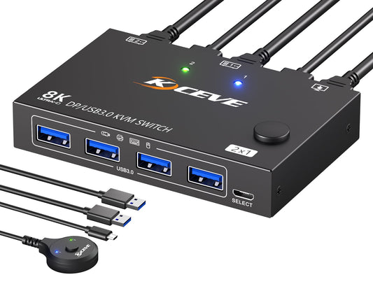 MLEEDA Displayport KVM Switch 1 Monitors 2 Computers 8K@30Hz 4K@144Hz, USB3.0 DP KVM Switches for 2 Computers Sharing Single Monitor and Keyboard